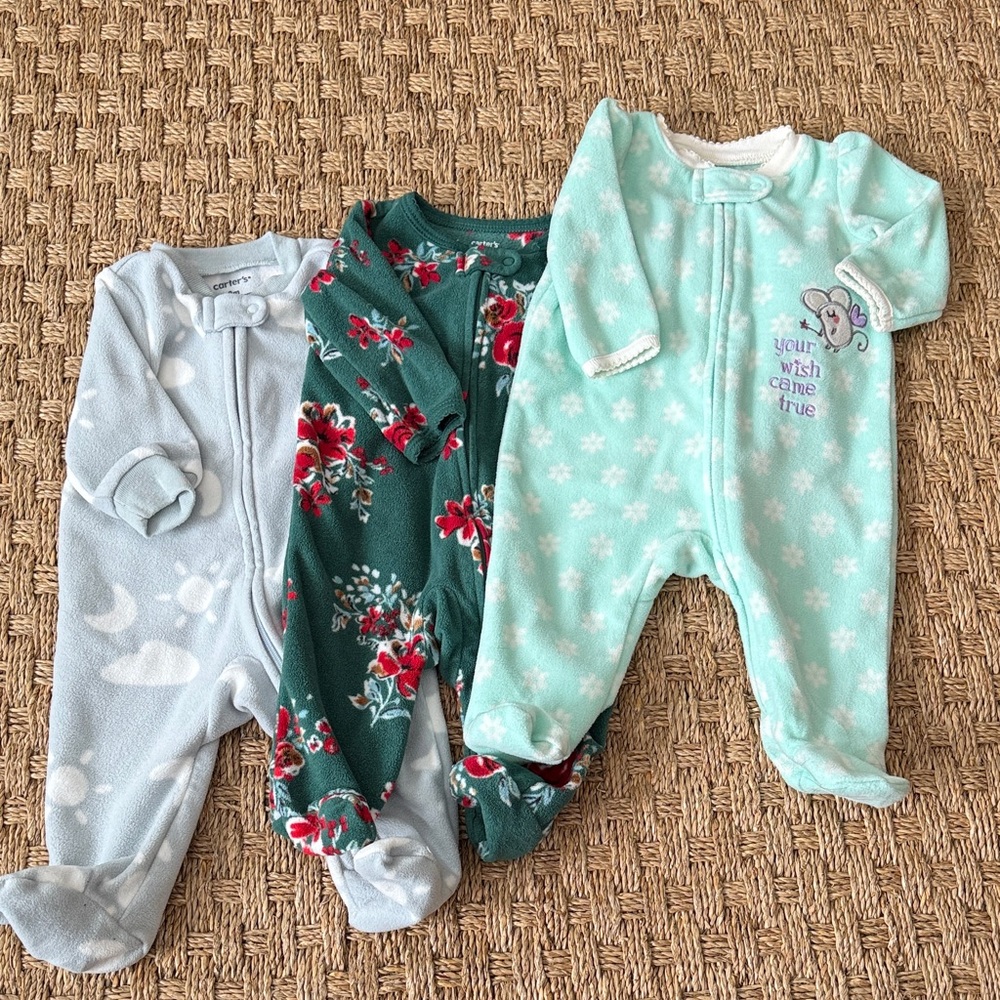 Set of Four Fleece Baby 0-3 Onesies One Piece Pajamas Bundle
